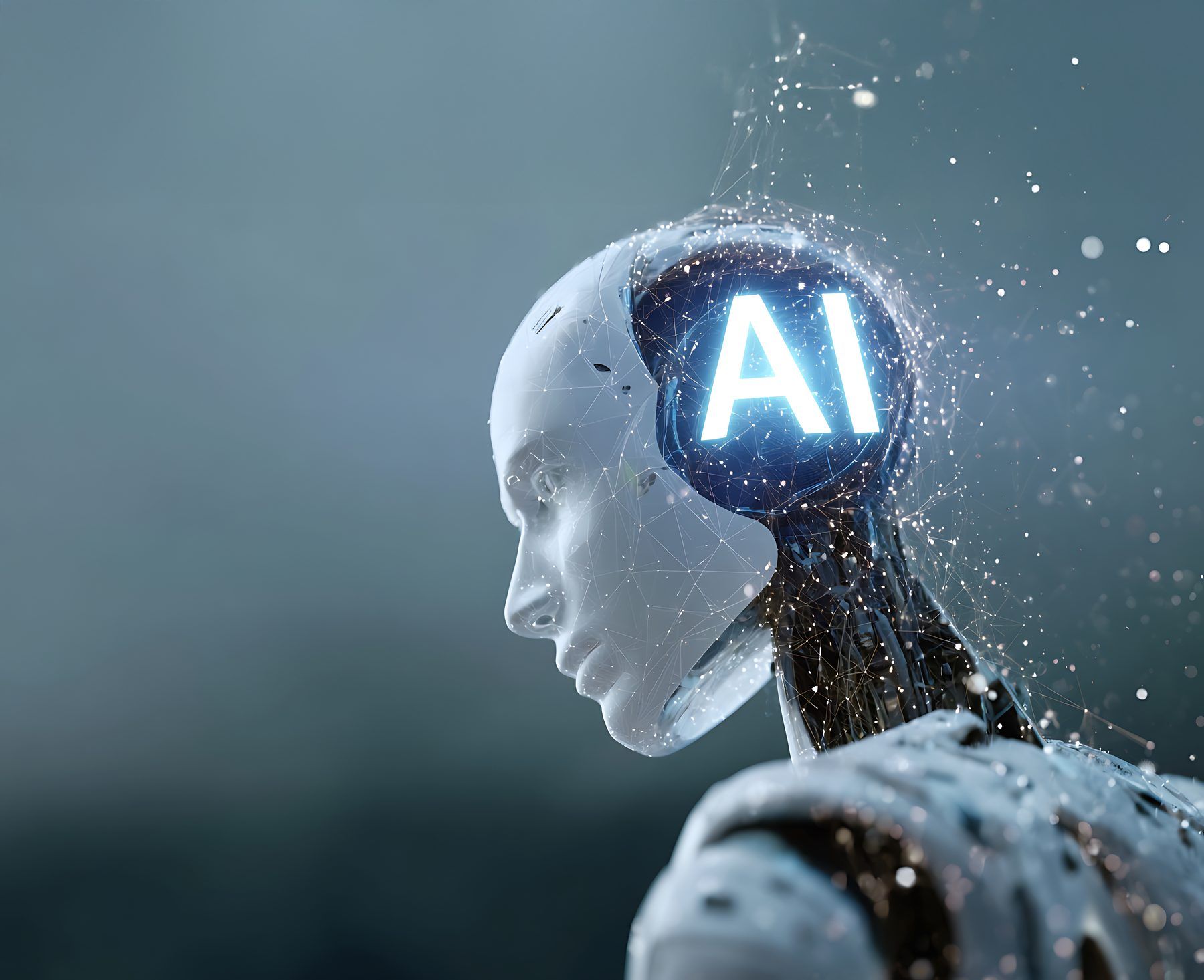 Humanoid with a glowing AI neural-network brain