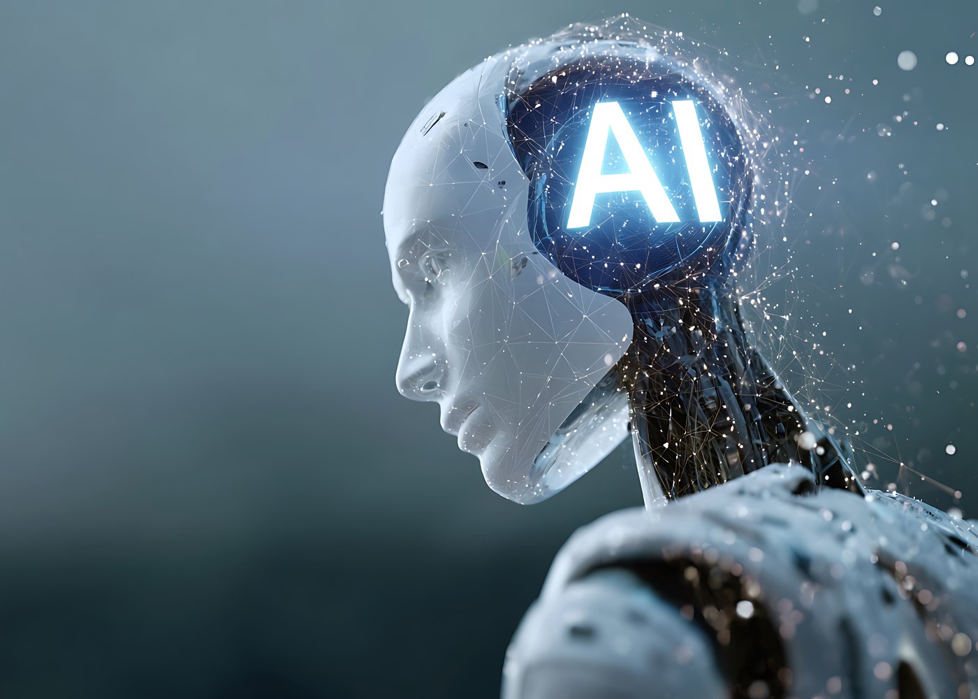 Humanoid with a glowing AI neural-network brain