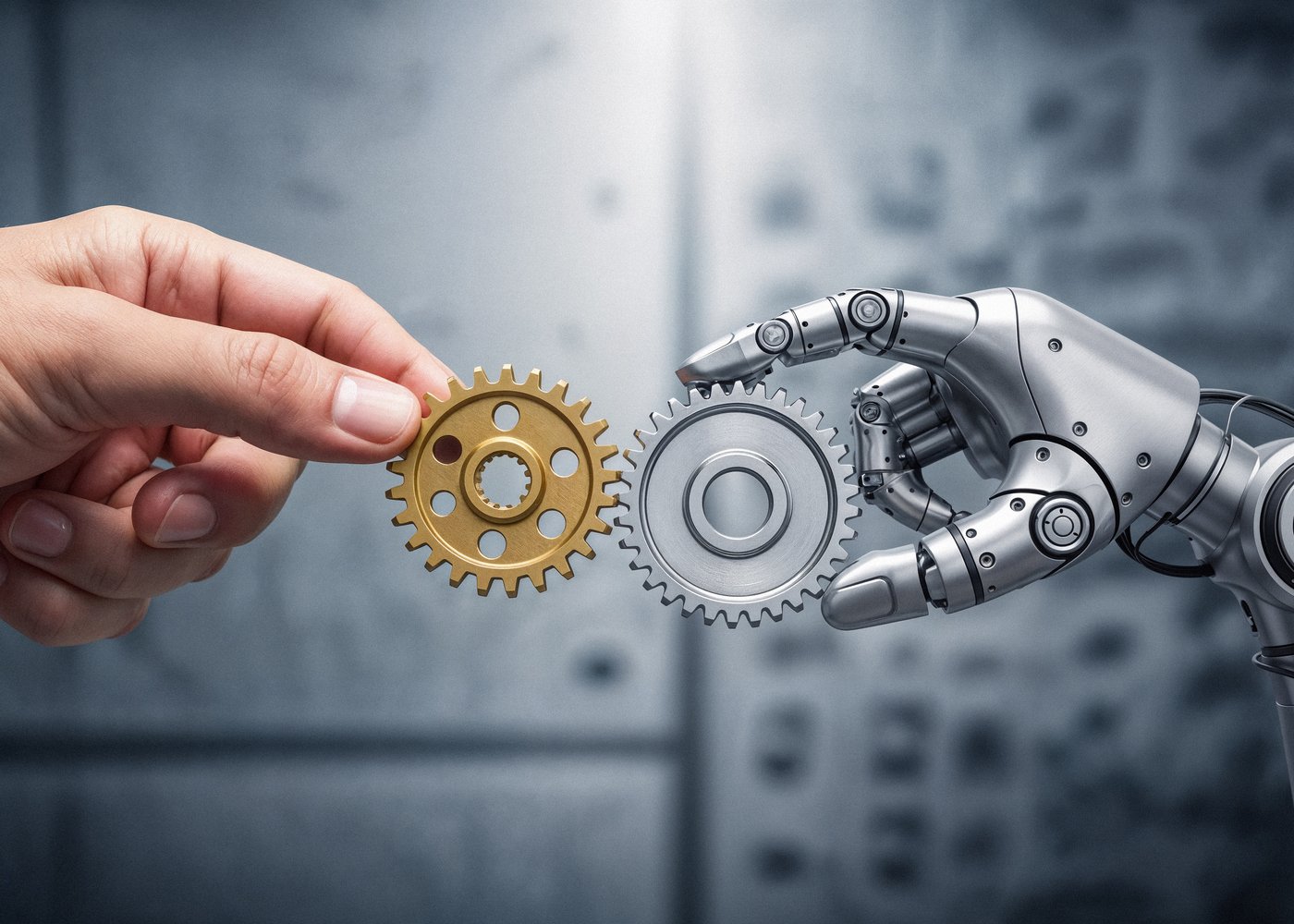 Human hand passing a gear to a robotic hand