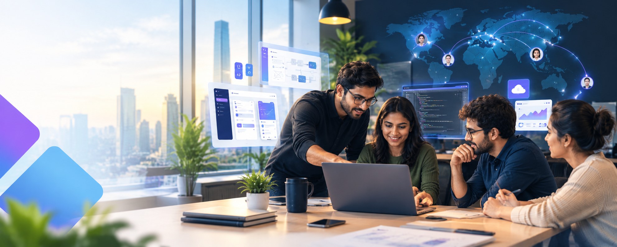 Engineers collaborating around a laptop with a global delivery network behind them