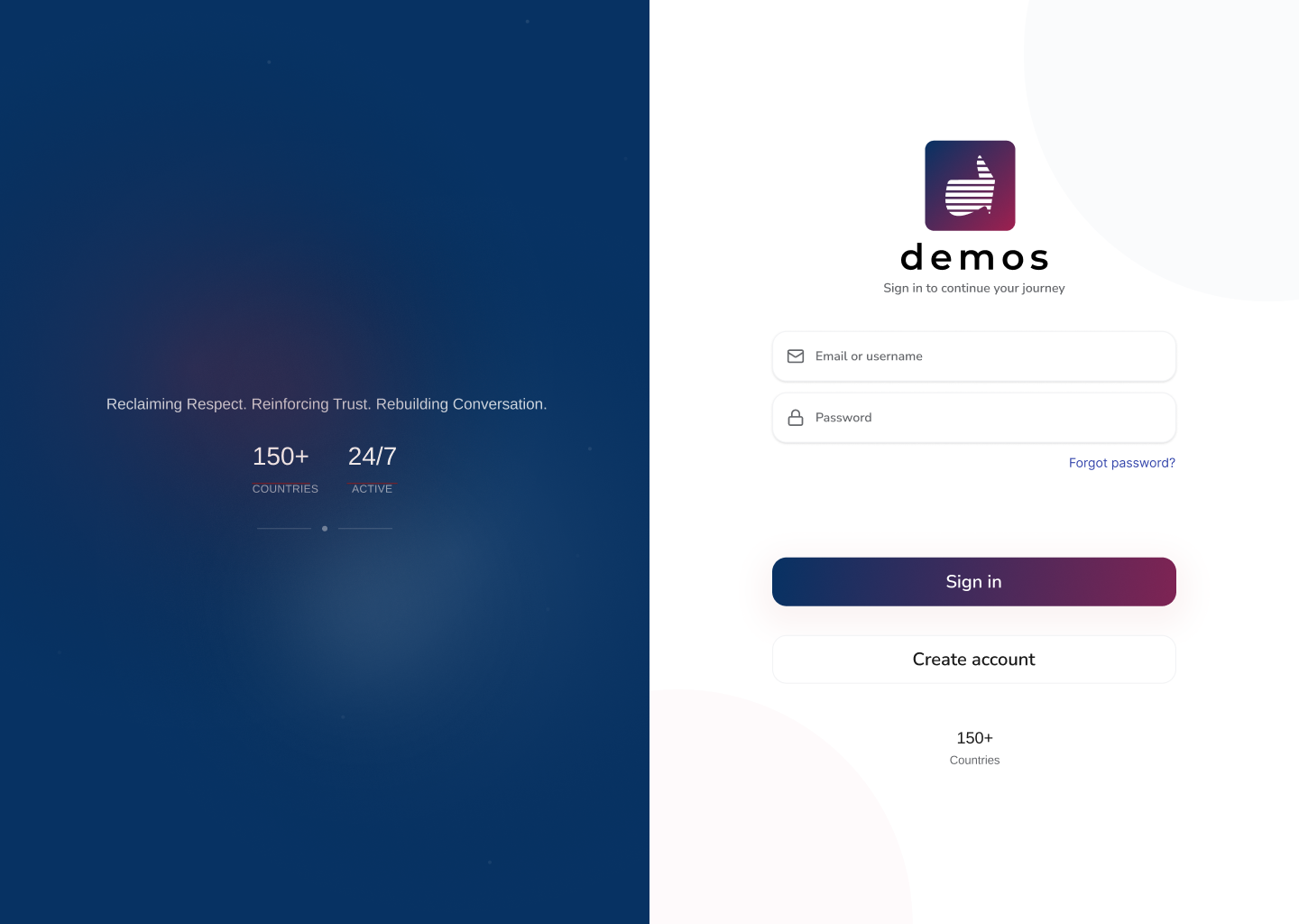 Demos sign-in screen with a navy panel and a gradient sign-in button