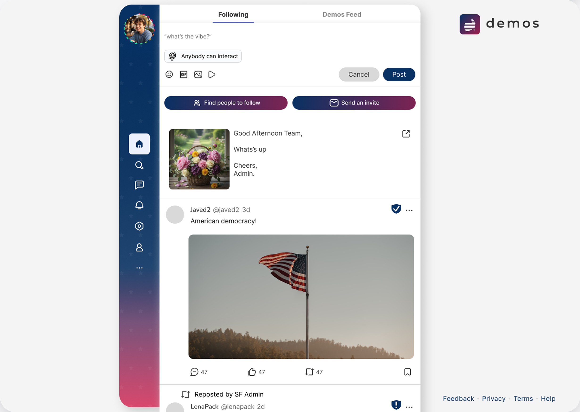 Demos home feed, light theme, with composer, verified posts and the navigation rail
