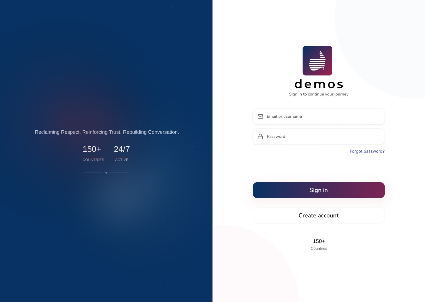 Demos sign-in: a split screen with the mission statement and a focused form