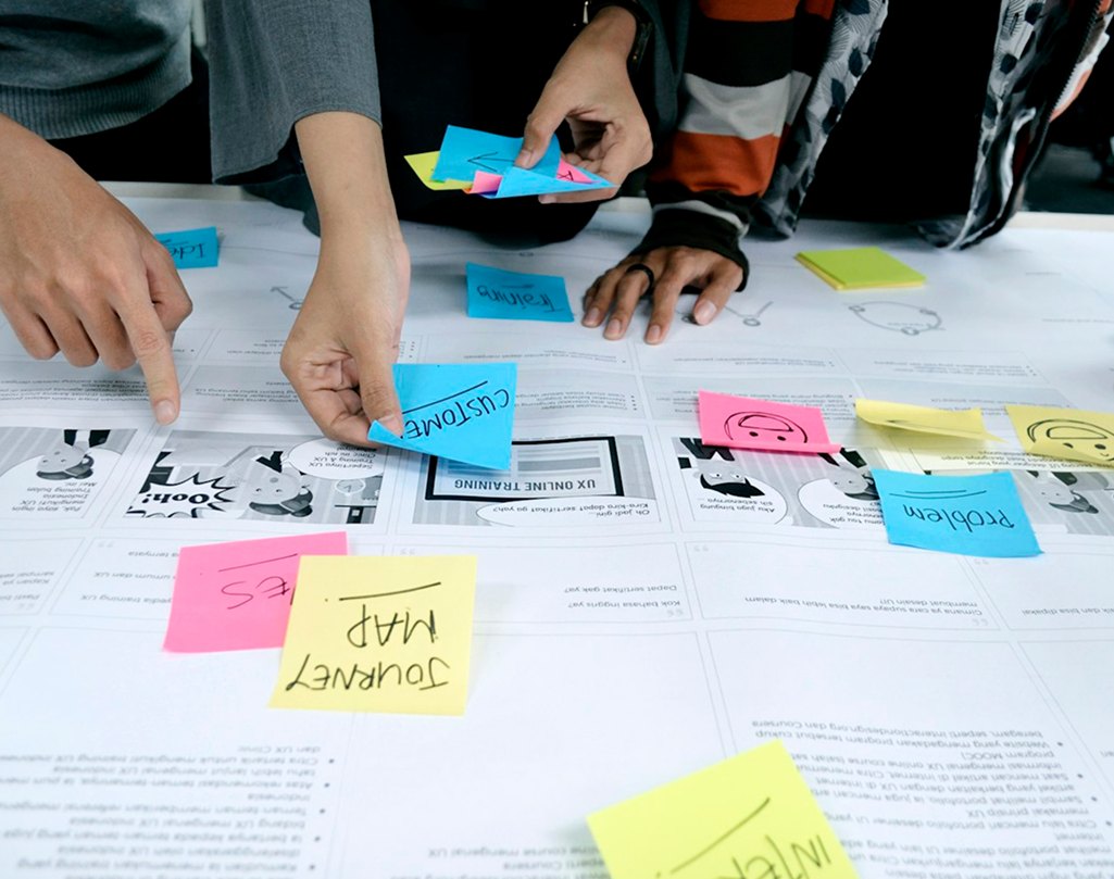 Team collaborating around sticky notes during a research session